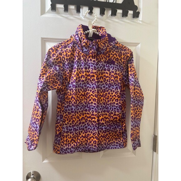 Girls North Face Hyvent Purple Orange Leapord Print Waterproof Rain Jacket SMALL - Picture 1 of 14
